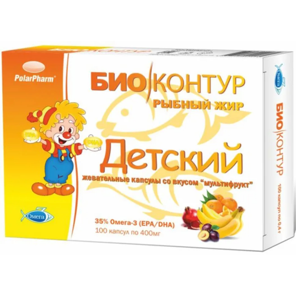 Рыбный жир детский "БиоКонтур" БАД капсулы жеват. (со вкусом мультифрукт) 400мг упаковка №100