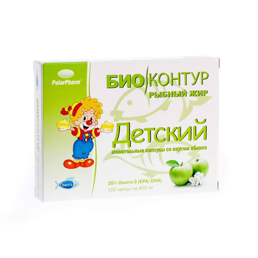 Рыбный жир детский "БиоКонтур" БАД капсулы жеват. (со вкусом яблока) 400мг упаковка №100